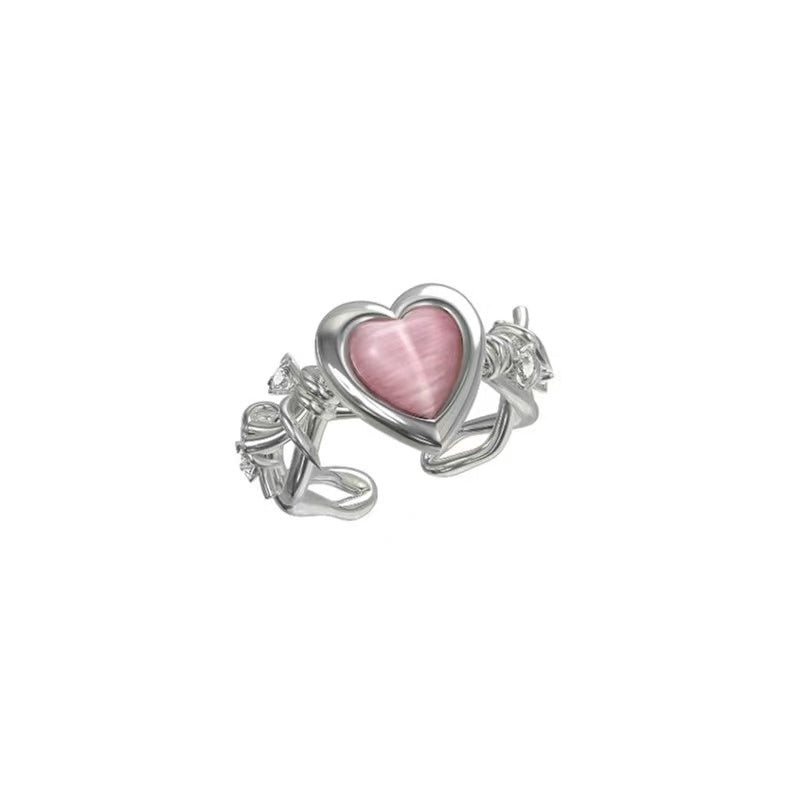 Pink love cat's eye stone open ring peach heart thorn zirconia ring