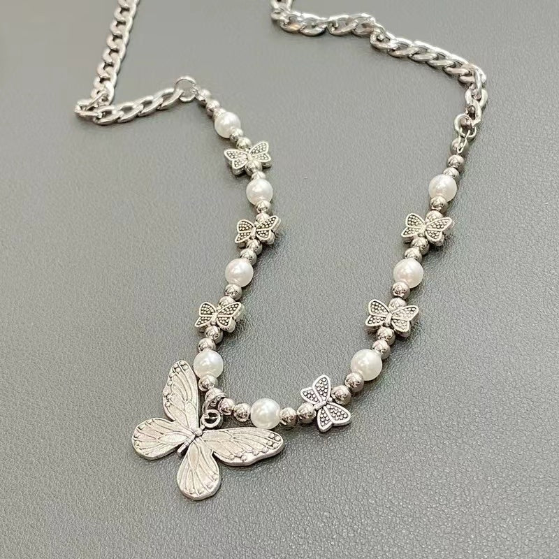 Titanium steel chain vintage pearl butterfly necklace