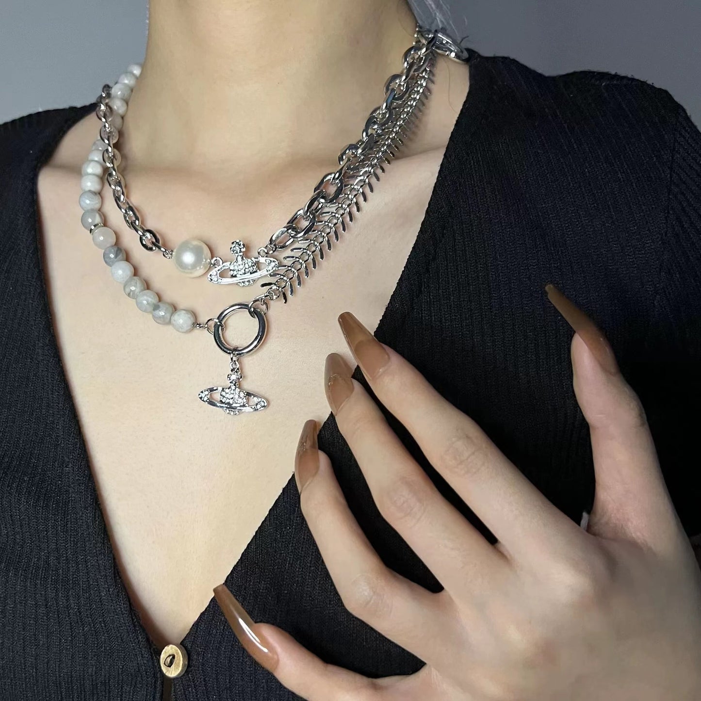 Thick chain patchwork diamond chain necklace