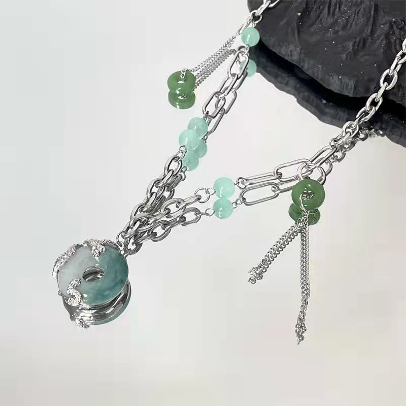 Jade dragon necklace female green beads stitching country style