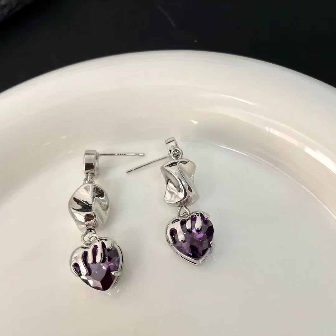 Retro droplets purple crystal love earrings ins cold wind Europe and the United States niche design earrings female tide