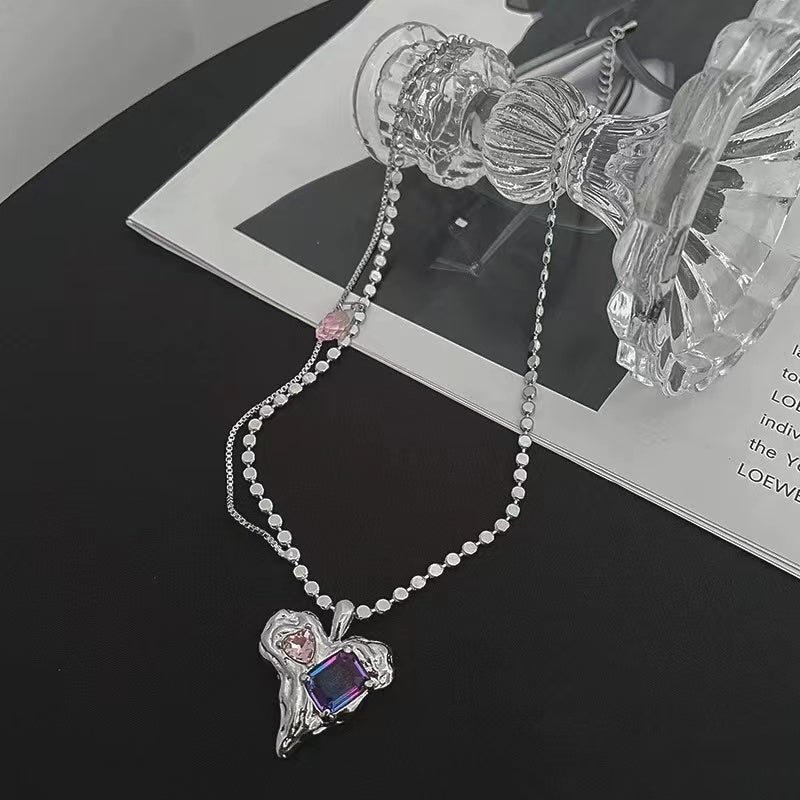 Flash diamond chain double stacked wear short chain gradient crystal splicing love necklace female sweet cool ins hip-hop collarbone chain