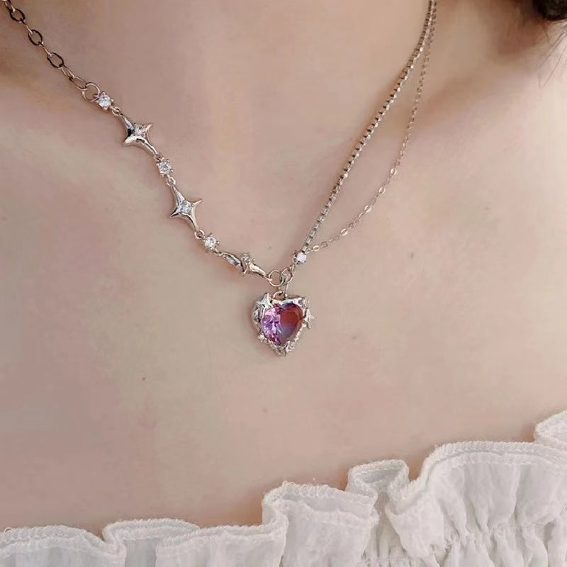 zirconia necklace double layer super fairy purple love pendant chain
