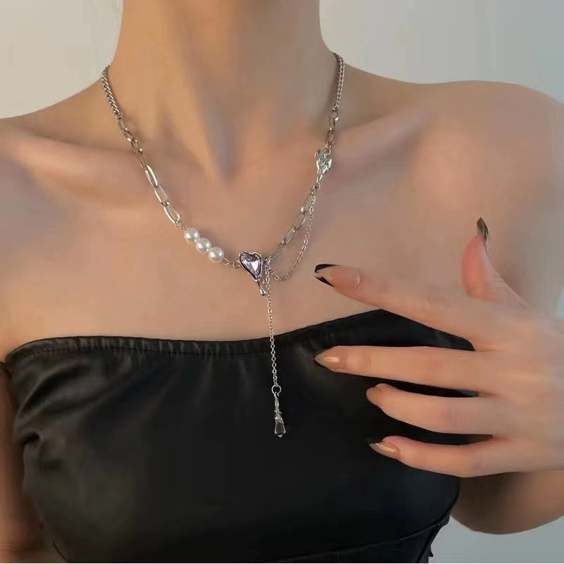 Sweet cool purple diamond love patchwork pearl tassel necklace