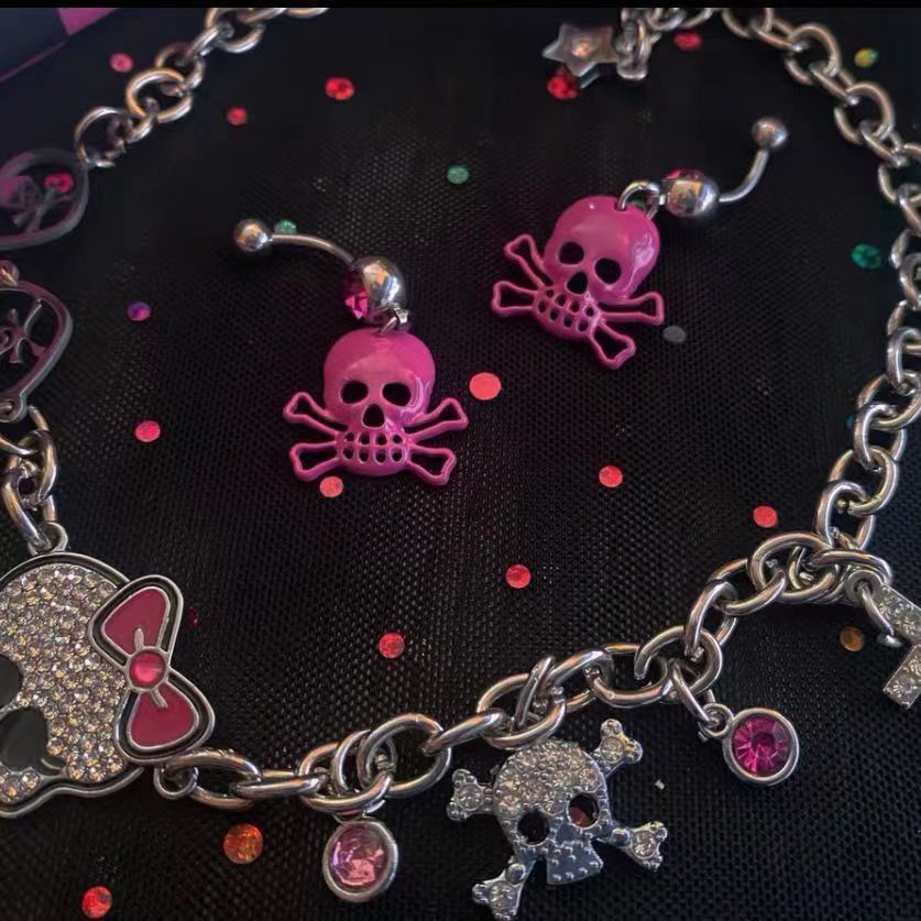 Diamond Skull Pink Stacked Necklace