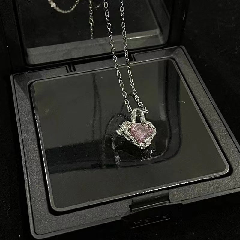 Pink zirconia love necklace niche design lava opening ring irregular senior sense of sweet cool wind earrings female
