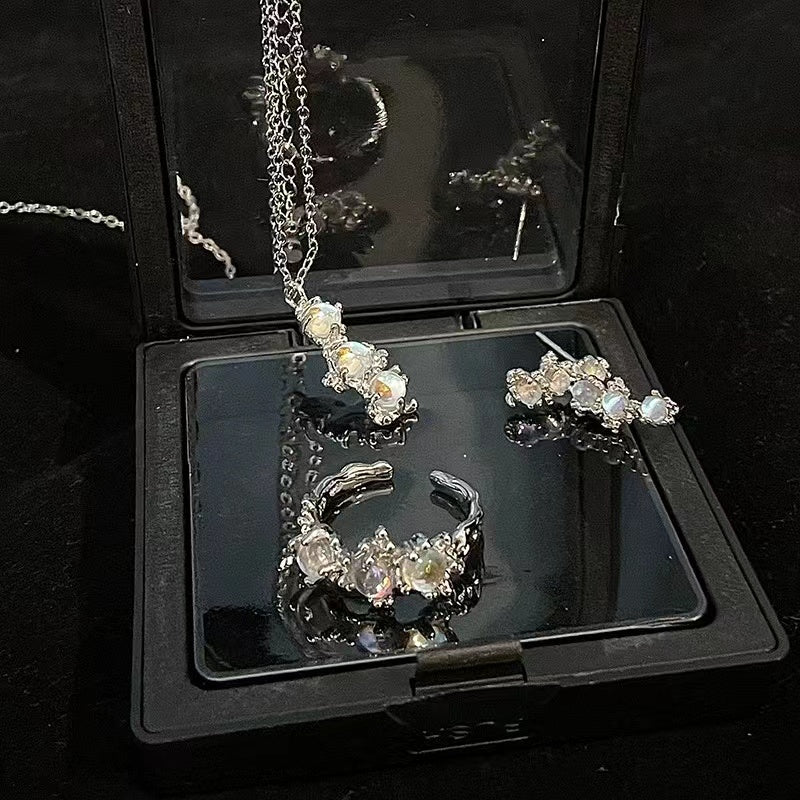 Moonstone jewelry set niche design sense open ring ins cold wind senior sense earrings gemstone necklace