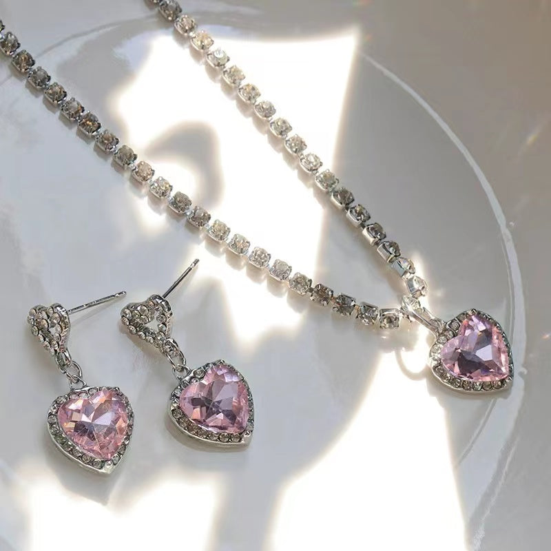 Pink diamond love zirconia necklace set light luxury full of diamonds sweet cool spicy girl style collarbone chain earrings ear pin set