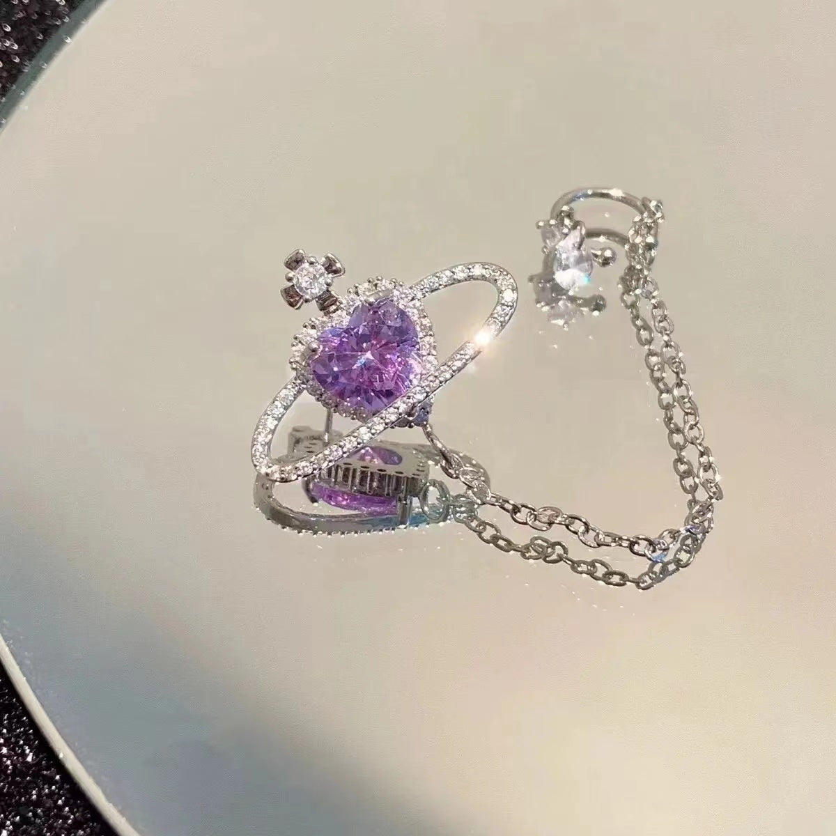 Purple Saturn ear bone clip earrings sparkling diamond girl fairy sweet cool spring and summer tide temperament