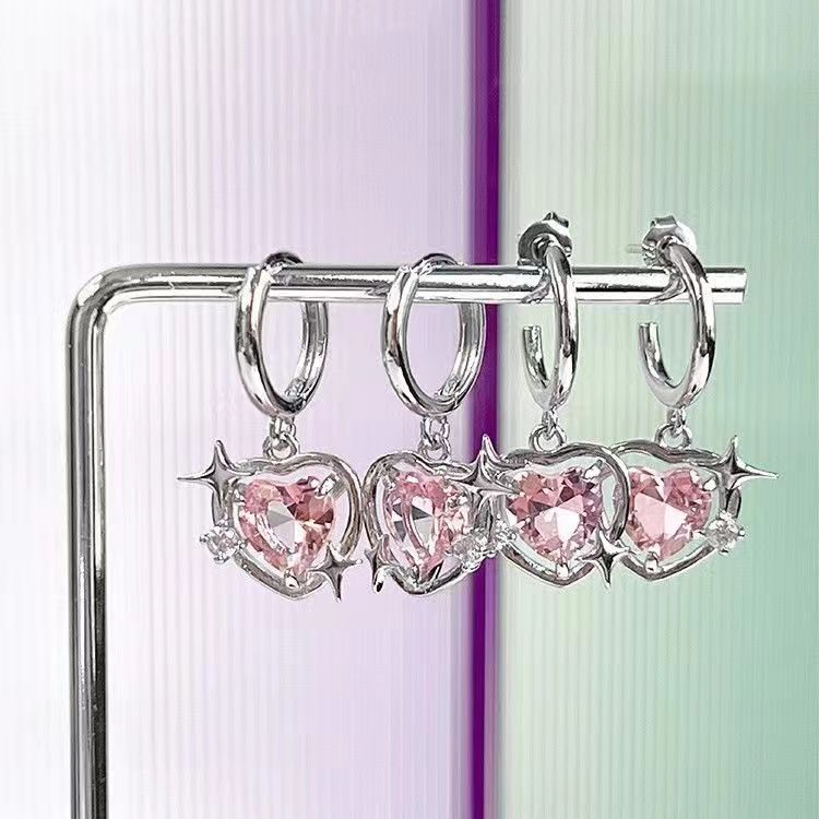 S925 silver peach Zircon Earrings Pink Love Crystal inlaid Earrings