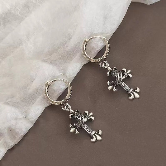 Silver Vintage flower shaped crown cross Circle Earrings