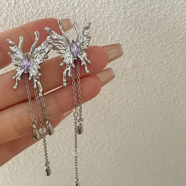S925 silver pin asymmetric butterfly tassel earrings female South Korea light luxury niche design senior ear clip earrings