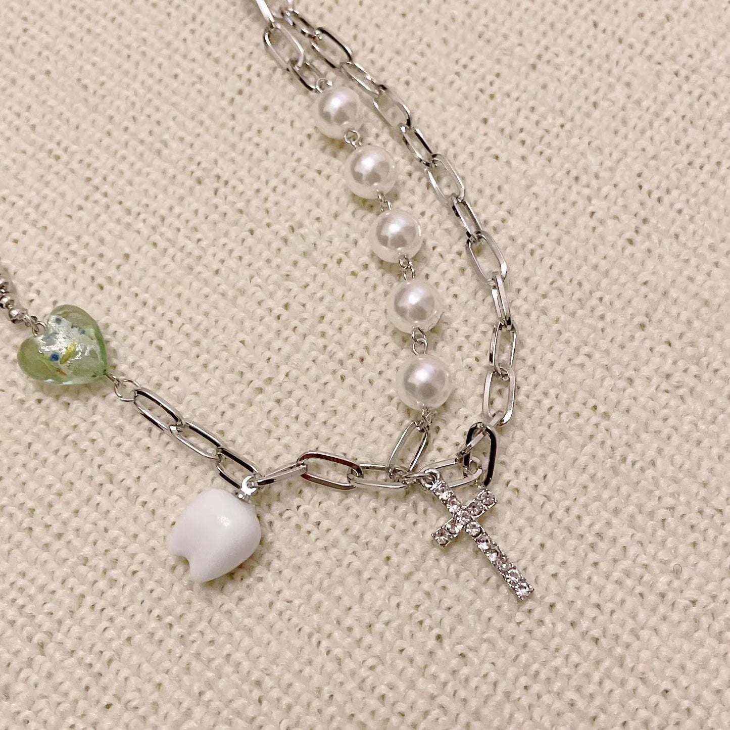 Tooth Cross Pearl Metal Necklace