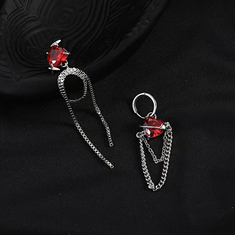 Tassel earrings female asymmetric senior sense of red love zirconia earrings ins cold wind personality sweet cool earrings
