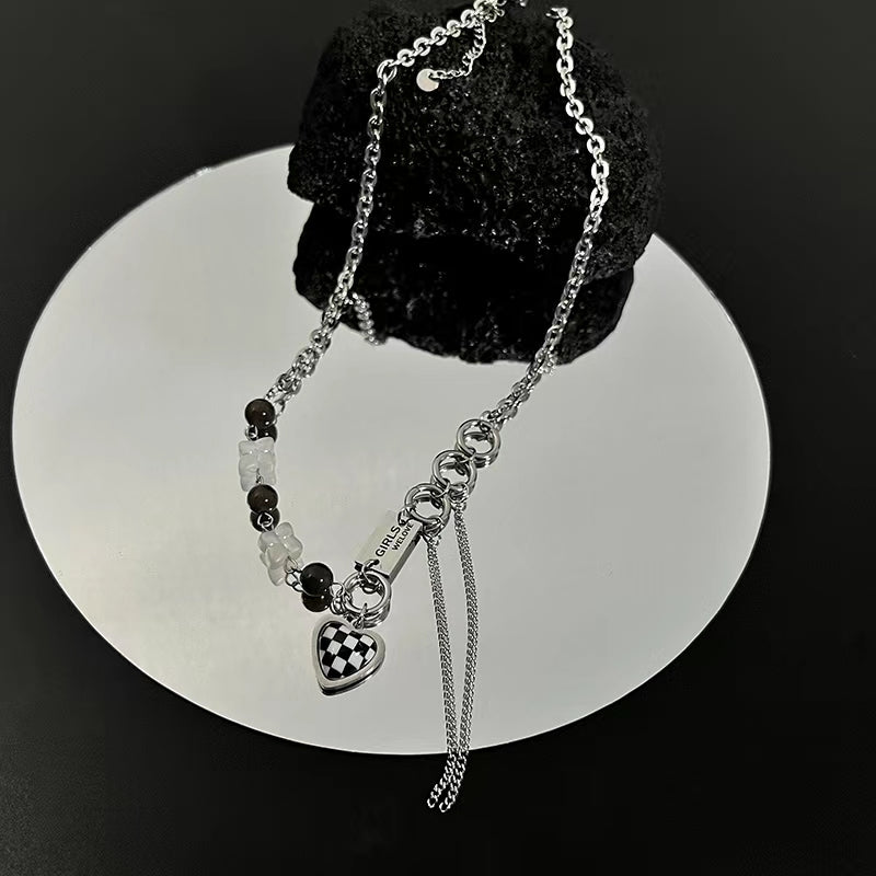 Black and white checkerboard checkerboard love zirconia tassel chain necklace