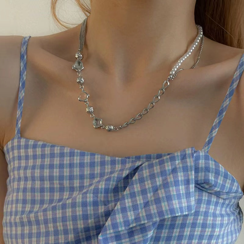 Sweet cool personality round bead splicing pearl necklace female light luxury niche ins hip-hop cold wind design sense collarbone chain