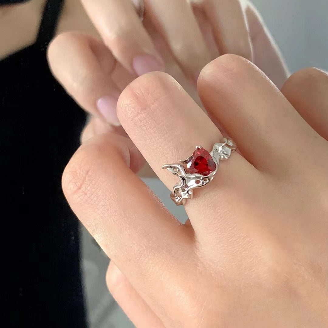 Niche design red open-ended zircon French irregular gemstone ring with diamonds