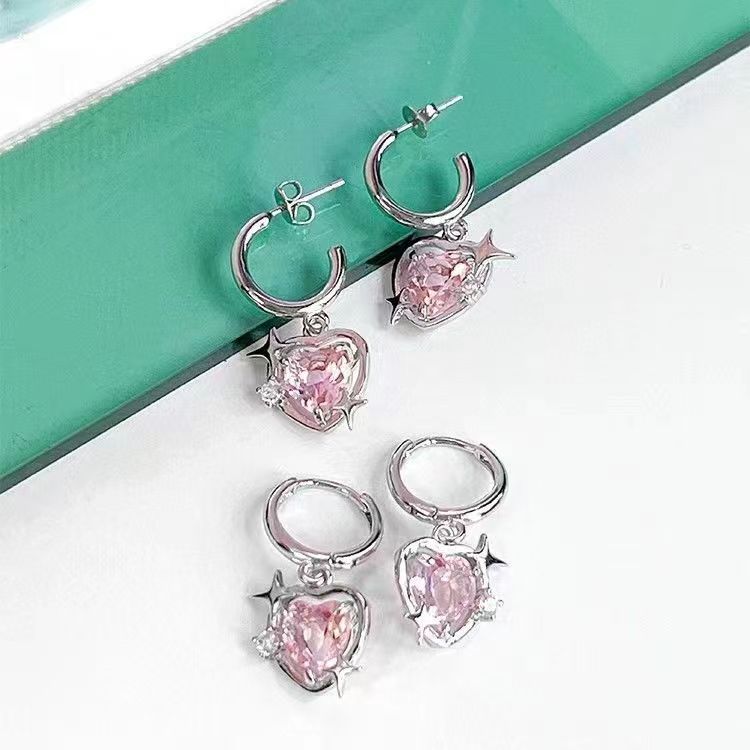 S925 silver peach Zircon Earrings Pink Love Crystal inlaid Earrings