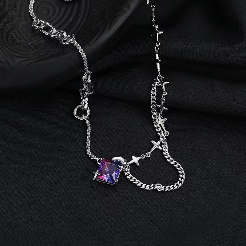 Color zircon necklace female ins cold wind senior sense of personality trend splicing accessories Korean sweet cool collarbone chain