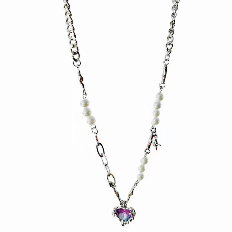Neon colored diamond love pendant splicing pearl necklace female light luxury ins niche sweet cool wind temperament collarbone chain tide