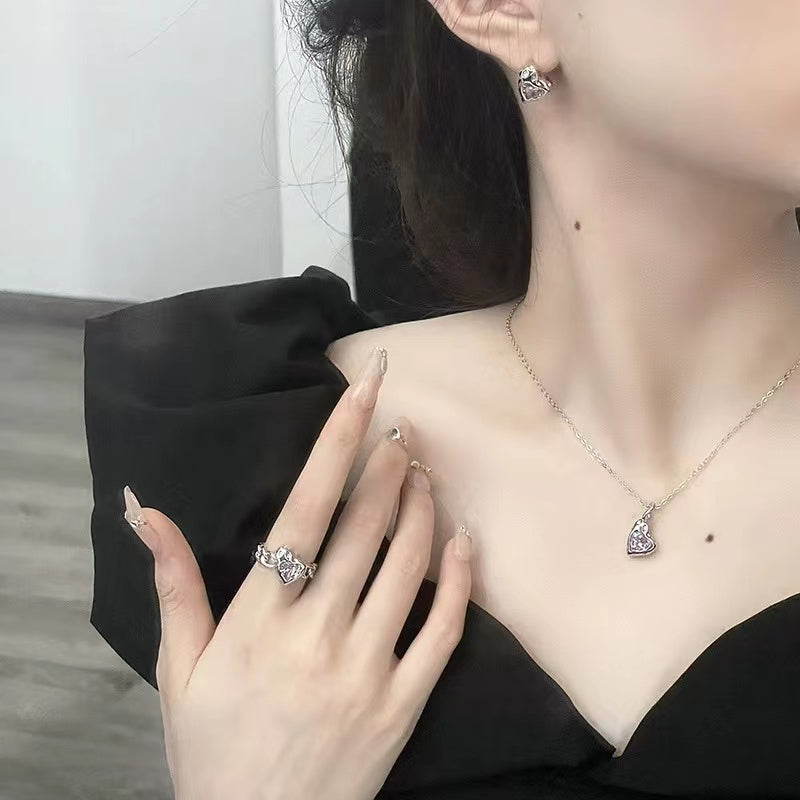 Niche design pink zirconia love necklace ins sweet cool wind earrings senior sense of cold wind open ring female