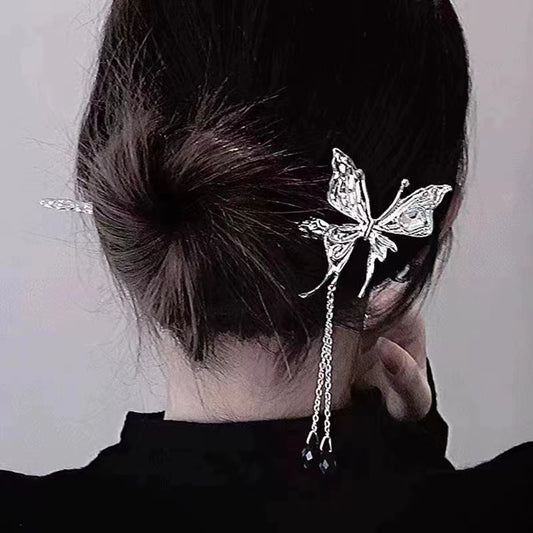 Butterfly long tassel black crystal pendant metal hairpin