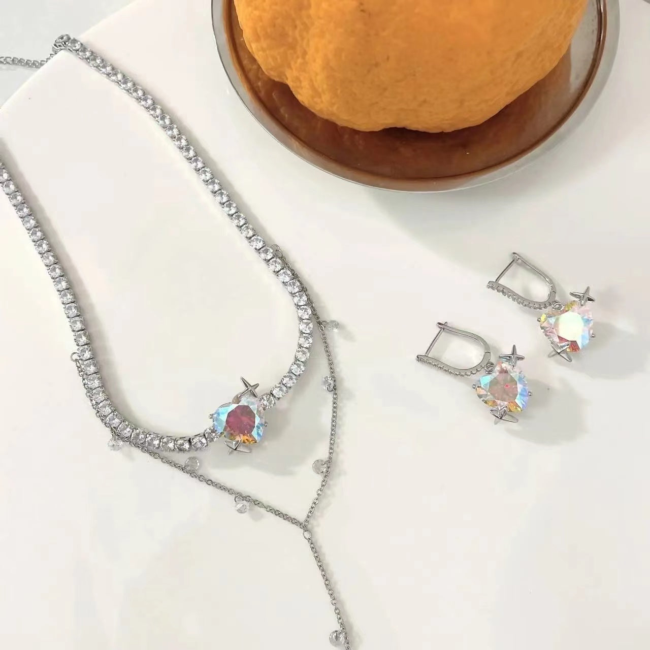 Dazzling lovely sweet gemstone love necklace peach heart earrings necklace female
