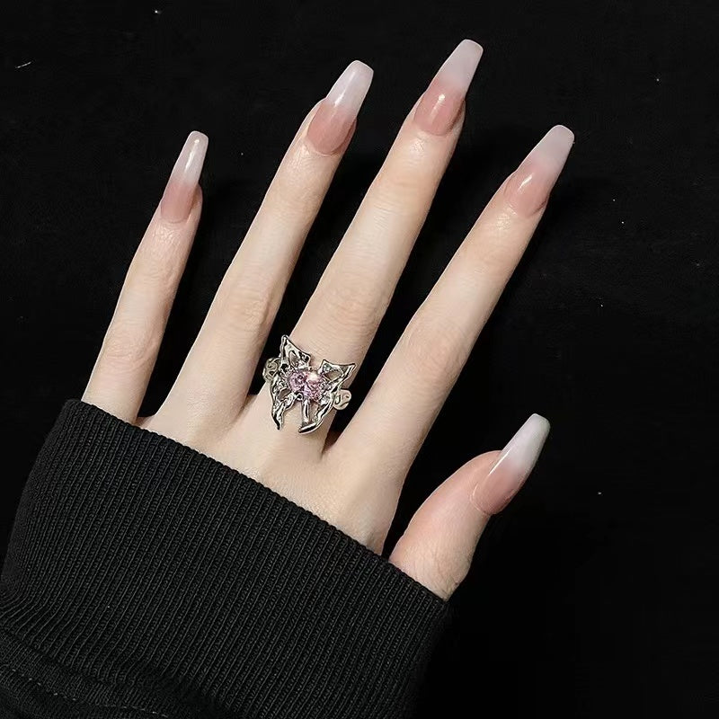 Niche original design high sense butterfly with diamonds pink zirconia open ring