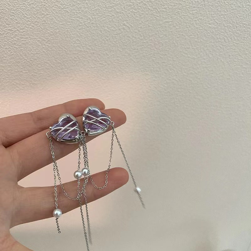 925 silver needle purple love zirconia tassel pearl earrings super fairy niche design sense senior sense earrings female tide
