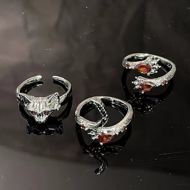 Niche design personality cold wind red zircon dark wind ring female cat claw cat tail cat open ring