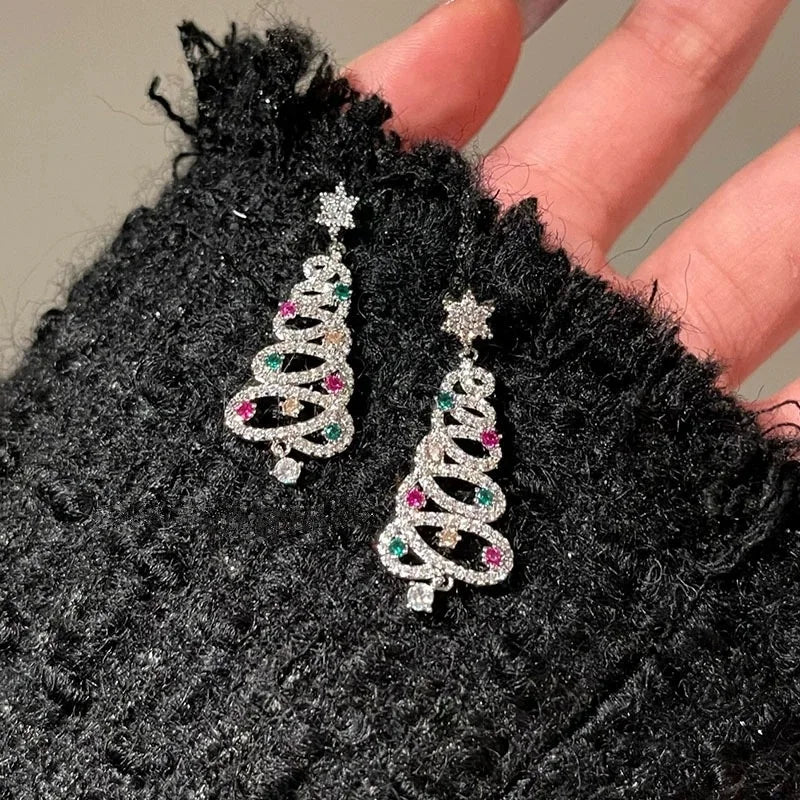 Christmas Earrings Premium Sense Colorful Zirconia Full Diamond Christmas Tree Earrings