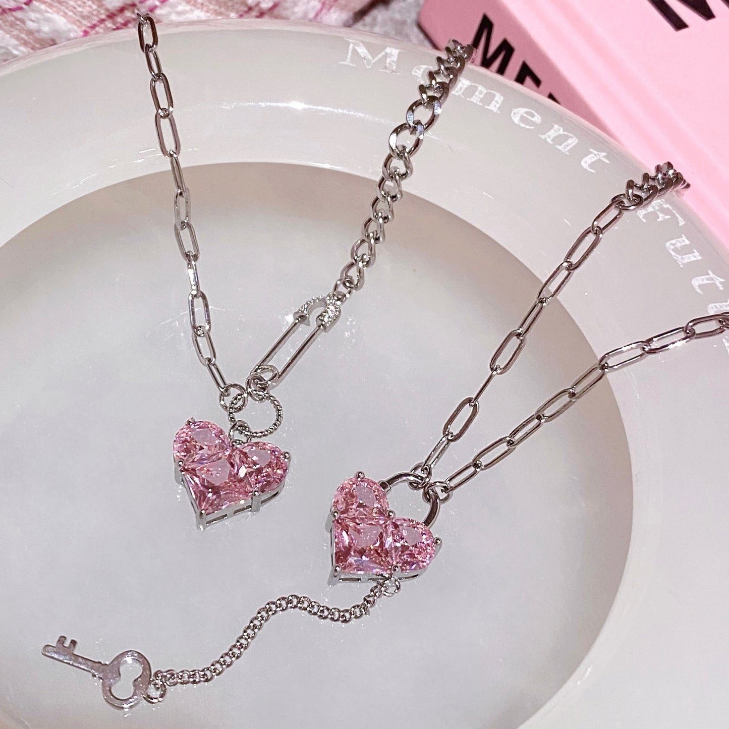 Pink Love Zircon Necklace Earrings