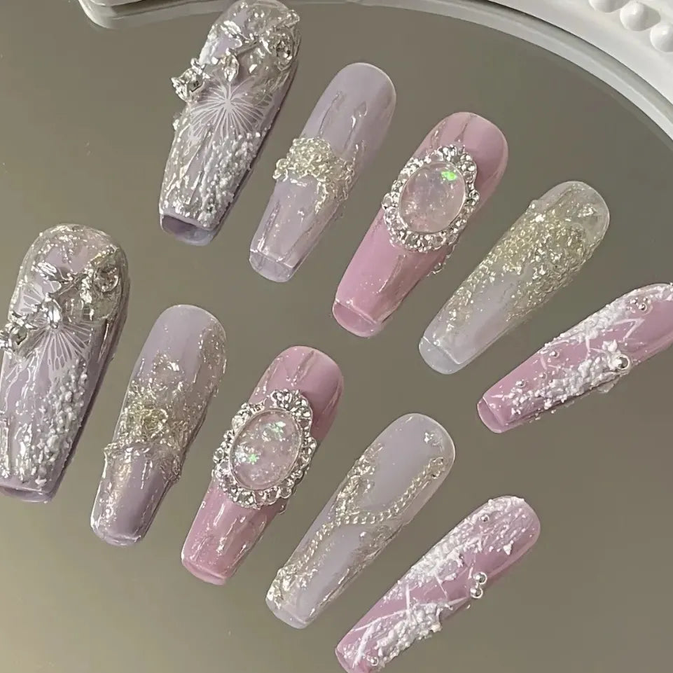 Purple pink butterfly moonlight stone opal wearing nail is handmade