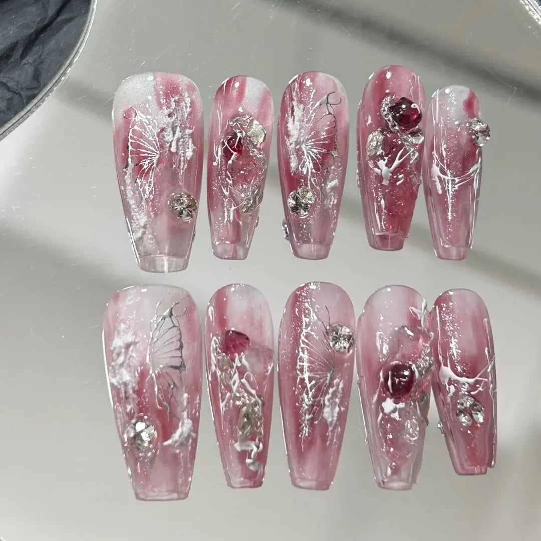 Sweetheart Butterfly Ice Penetrating Nail Enhancement Gradual Berry Pink Fairy Air Shining Diamond Gentle Wearing Nail Patch