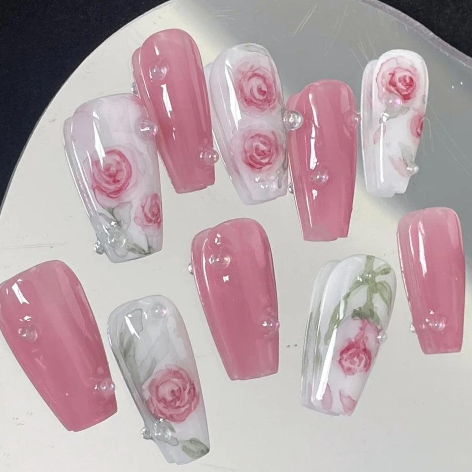 Hand-painted rose, hand-made manicure patch, elegant and white, removable and wearable manicure product