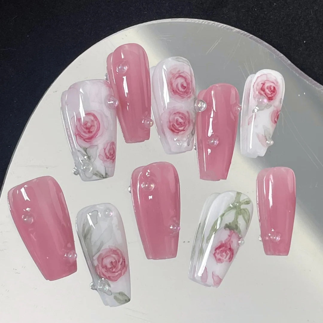 Hand-painted rose, hand-made manicure patch, elegant and white, removable and wearable manicure product