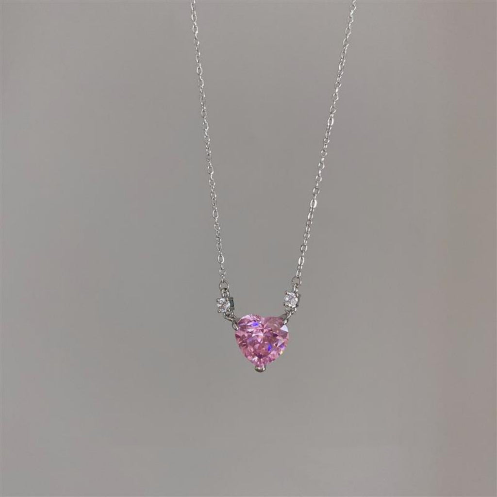 Pink Love Zircon Necklace Female Cool Peach Heart Collar Chain Korean Fashion Versatile Heart Neck Chain Necklace Accessories