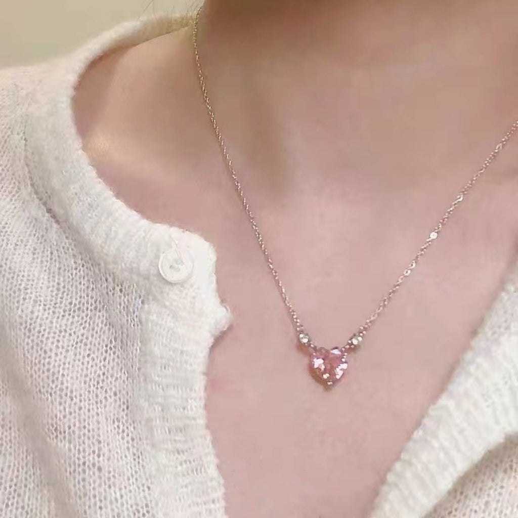 Pink Love Zircon Necklace Female Cool Peach Heart Collar Chain Korean Fashion Versatile Heart Neck Chain Necklace Accessories