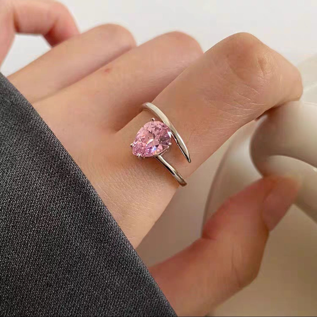 Pink Love Zircon Gem Ring Women's Gentle Temperament, Small Design, Adjustable Opening, Girl Friend Ring Women