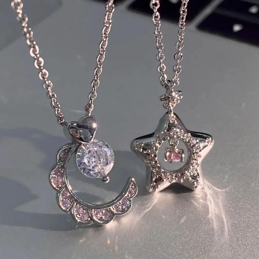 Pink Star Moon Love Crystal Diamond Necklace