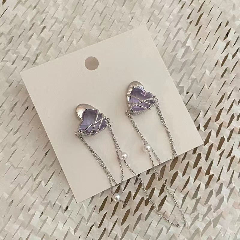 925 silver needle purple love zirconia tassel pearl earrings super fairy niche design sense senior sense earrings female tide