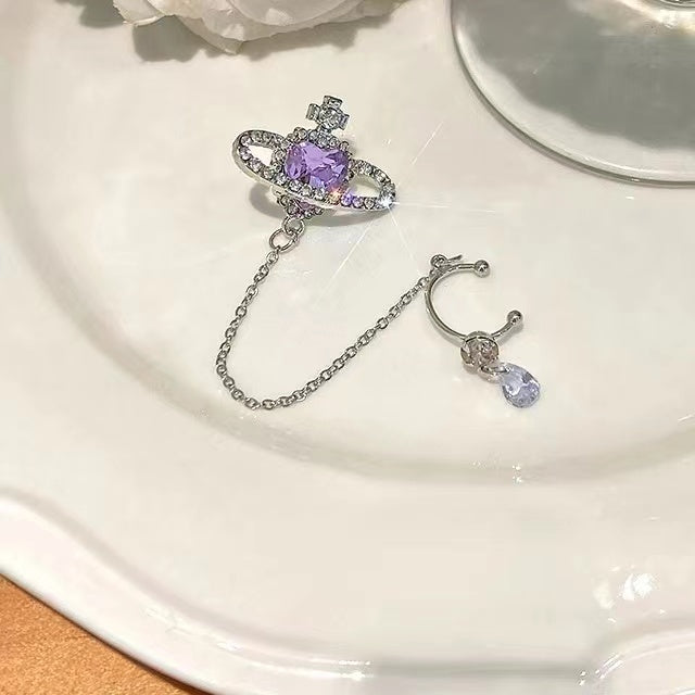 Purple Saturn ear bone clip earrings sparkling diamond girl fairy sweet cool spring and summer tide temperament