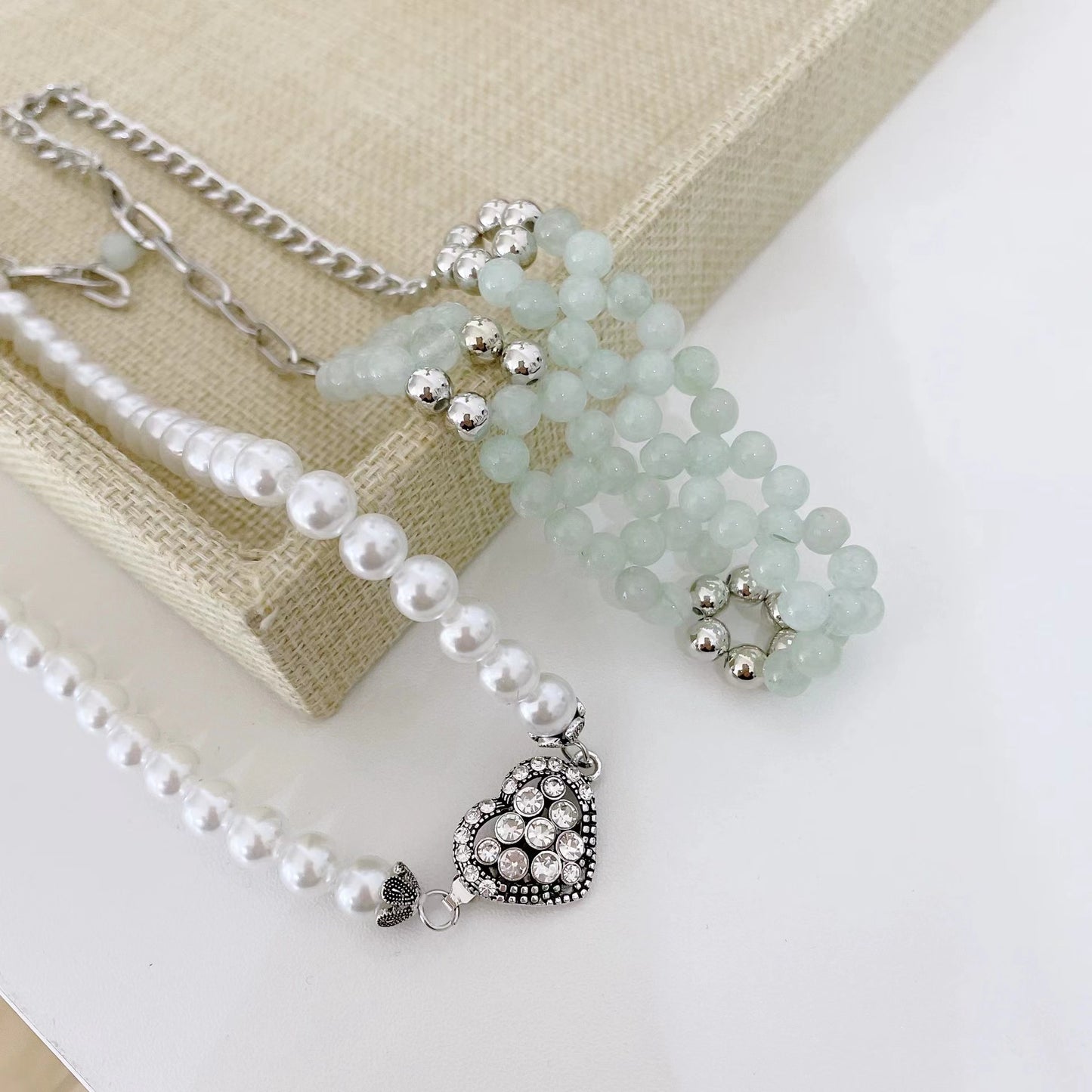 Love heart patchwork pearl necklace
