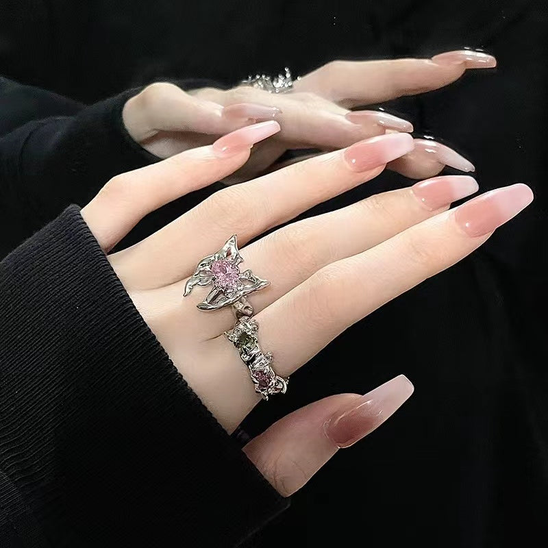 Niche original design high sense butterfly with diamonds pink zirconia open ring