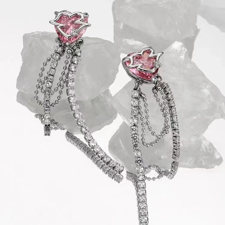 Pink peach heart glittering diamond star Tassel Earrings