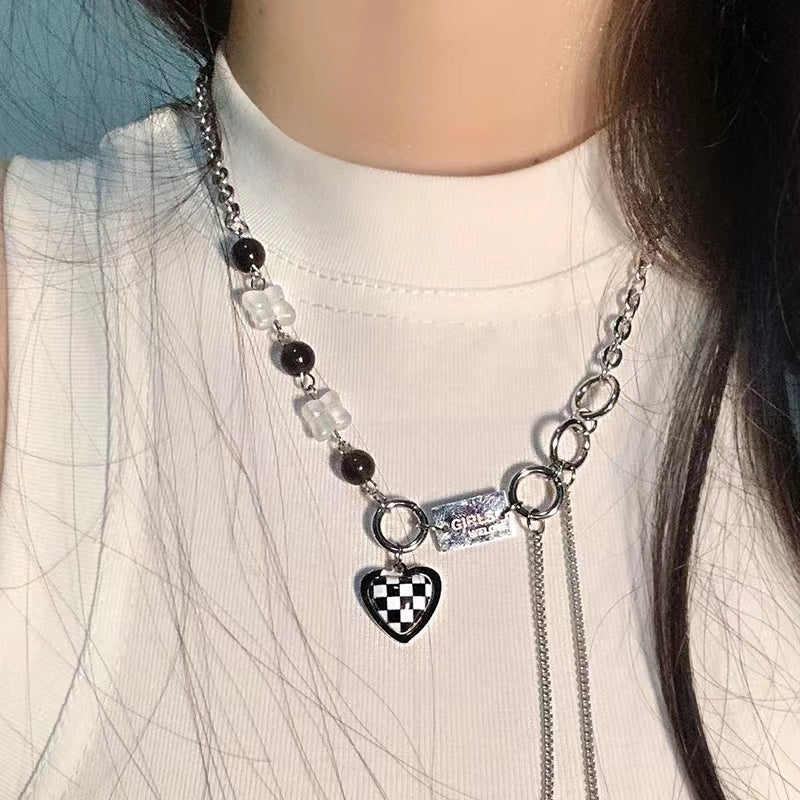 Black and white checkerboard checkerboard love zirconia tassel chain necklace