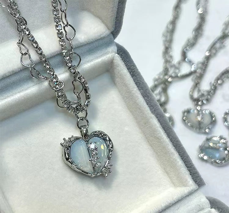 Split heart micro zirconia 925 silver necklace