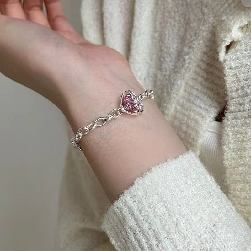 S925 silver sweet pink love bracelet female temperament fashion elegant peach heart bracelet ins literary hand jewelry