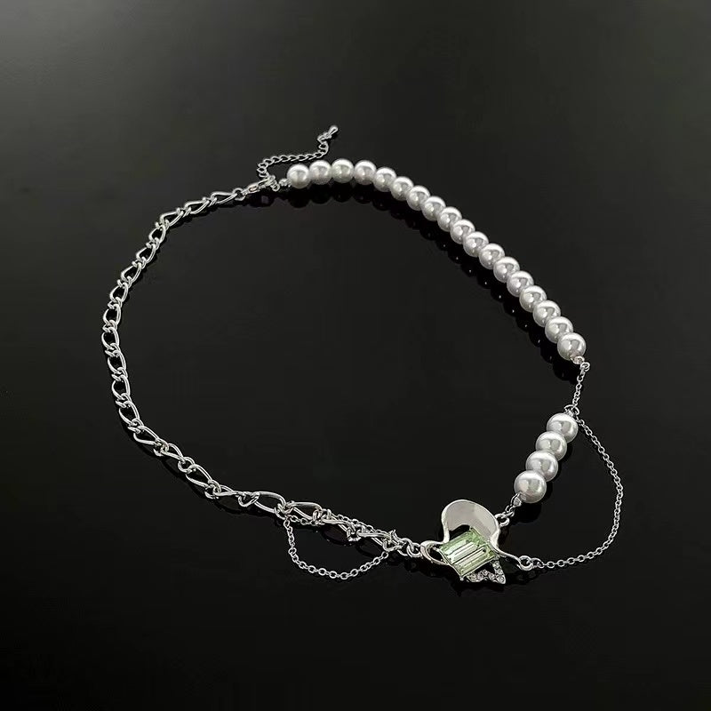 Light luxury niche mint green zirconia love pendant pearl chain
