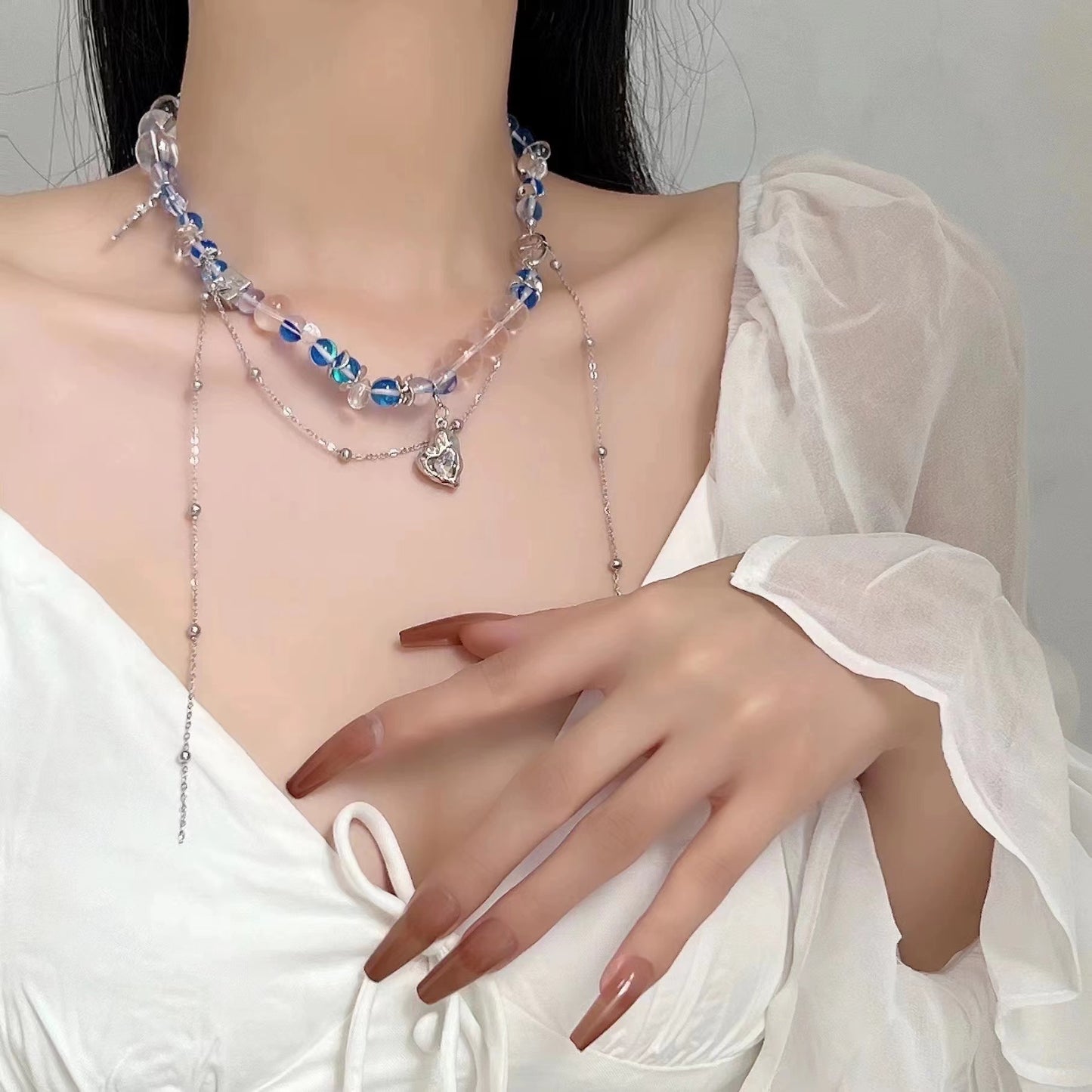 Stone blue burst crystal love planet patchwork necklace